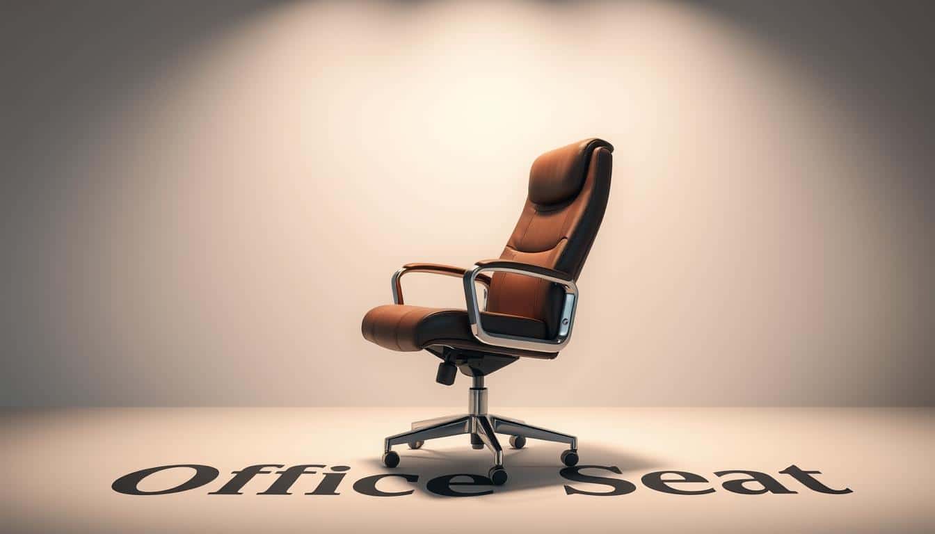 A luxurious executive office chair in a sleek, modern design, showcasing the "Office Seat" brand prominently. The chair is situated in a well-lit, minimalist corporate setting, with a subtle shadow of the brand name beneath it. The chair's high-quality leather upholstery and polished metal accents convey a sense of professional sophistication and executive status. The lighting is soft and directional, creating a warm, inviting atmosphere that emphasizes the chair's comfort and ergonomic features. The background is a clean, uncluttered space, allowing the chair to take center stage and capture the viewer's attention.