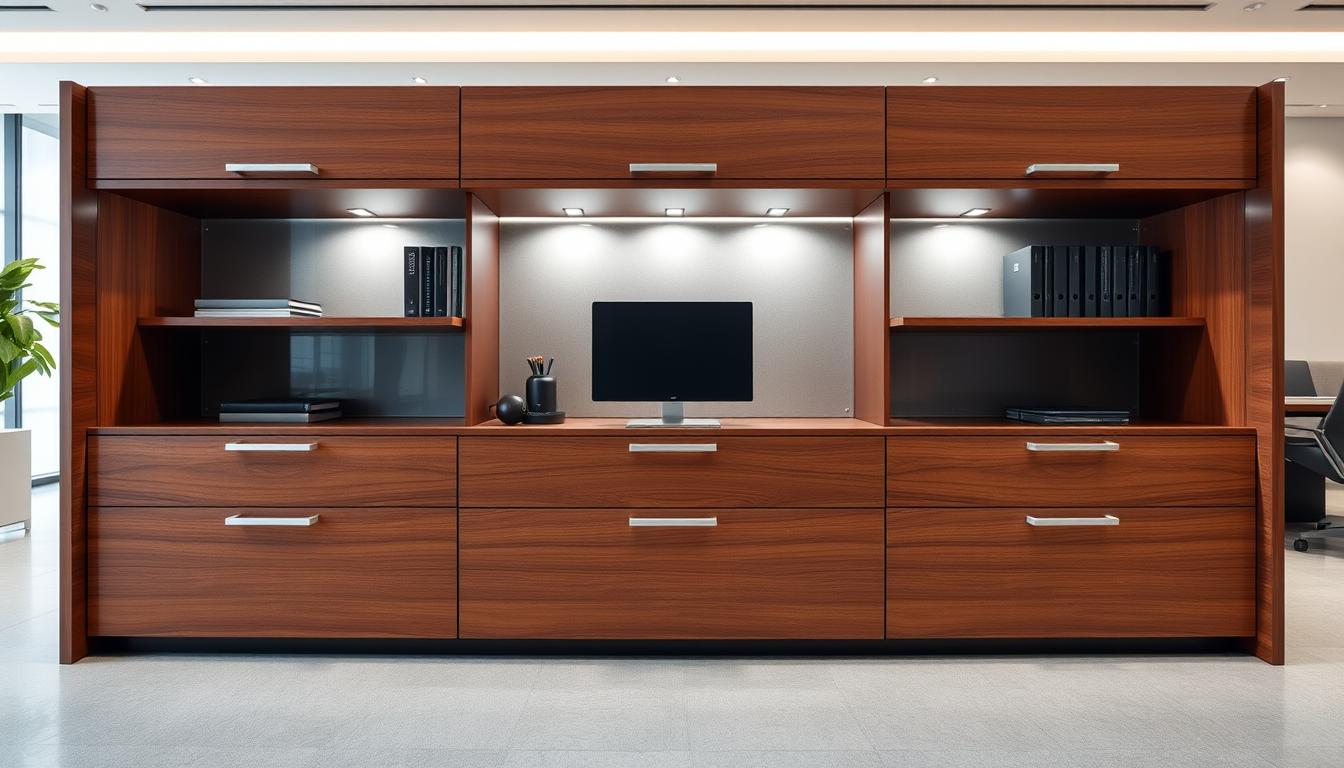 A luxurious, modern credenza with sleek, minimalist design, showcasing customized storage solutions for the contemporary office space. Elegant wood grain in rich, warm tones, accented by brushed metal hardware. Strategically placed lighting casts a soft, inviting glow, highlighting the credenza's clean lines and attention to detail. The Office Seat brand name subtly incorporated into the design, a discreet yet distinctive presence. The credenza is positioned in a spacious, well-appointed office, allowing its functionality and aesthetic appeal to shine. An atmosphere of sophistication and productivity permeates the scene.