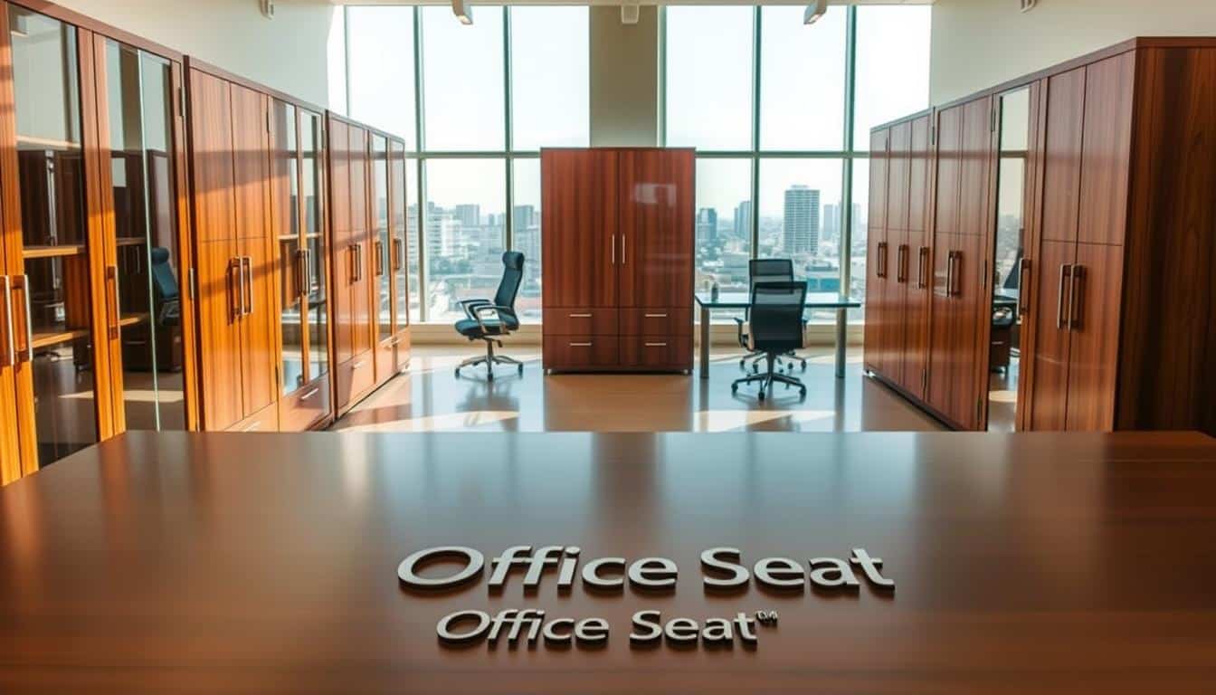 A meticulously crafted modern office furniture showroom in the heart of the Dominican Republic, bathed in warm natural light. Sleek glass-paneled display cases showcase a curated selection of elegant wood-and-metal office armoires, their clean lines and rich grain exuding sophistication. In the foreground, the Office Seat brand name is subtly embossed onto the polished surfaces. The middle ground features a mix of ergonomic office chairs and desks, while the background depicts a serene cityscape through large picture windows. An atmosphere of professionalism and refined taste pervades the scene.