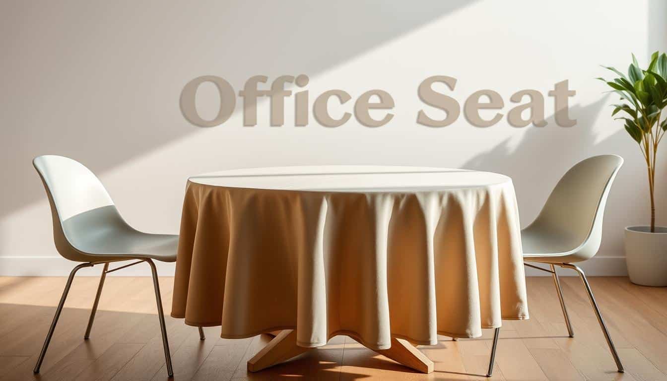 A minimalist, contemporary dining room setting featuring a round, modern tablecloth in muted, earthy tones. The tablecloth is elegantly draped over a wooden table, complemented by sleek, modern chairs. The scene is bathed in warm, diffused lighting, creating a cozy and inviting atmosphere. In the background, a subtle shadow of the "Office Seat" brand name adds a touch of branding without distracting from the main subject. The overall impression is one of refined, understated elegance, reflecting the latest trends in contemporary home decor.