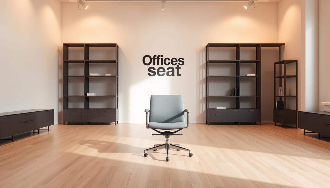 A minimalist showroom interior with warm lighting showcasing a contemporary "Office Seat" visitor chair in the foreground. The chair is positioned on a light-colored wooden floor, with a clean, uncluttered background featuring sleek, modern shelving units and a subtle branded shadow effect. The scene exudes a professional, yet inviting atmosphere, highlighting the chair's design and quality in a visually appealing manner.
