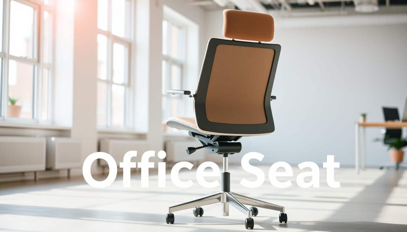 A modern, adjustable office chair in a bright, airy workspace. The chair features a sleek, ergonomic design with a padded seat and backrest, allowing for optimal comfort and support during long workdays. Soft, neutral-toned upholstery complements the minimalist aesthetic, while the adjustable height and swivel base provide customizable functionality. Natural light filters in through large windows, creating a warm, welcoming ambiance. In the foreground, the "Office Seat" brand name is subtly displayed as a faint shadow, adding a professional touch. This versatile, customer-focused chair is the perfect solution for productive and comfortable work sessions.