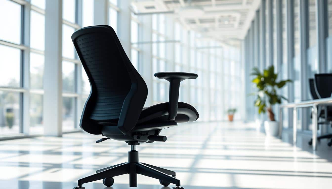 A modern adjustable office chair with lumbar support, rolling casters, and a sleek, minimalist design. The chair is situated in a bright, airy workspace with floor-to-ceiling windows, allowing natural light to flood the scene. The chair features the "Office Seat" brand name subtly displayed in the shadows. The overall atmosphere is one of productivity and professionalism, perfectly suited for the "Technical Operating Chair" section of the article.