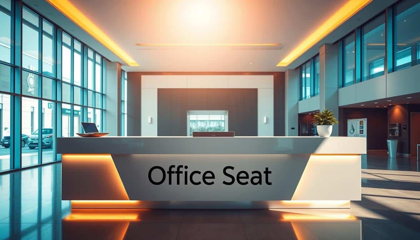 A modern and elegant corporate reception counter set against a backdrop of a sunlit, expansive lobby. The counter features a clean, minimalist design with the "Office Seat" logo prominently displayed in a subtle shadow text. Warm lighting illuminates the sleek, polished surfaces, creating a welcoming and professional atmosphere. The reception area is filled with natural light streaming through large windows, showcasing the spacious and well-appointed interior. The overall scene conveys a sense of sophistication and attentive service, perfectly capturing the "Cobertura del servicio: Gran Santo Domingo y más" concept.