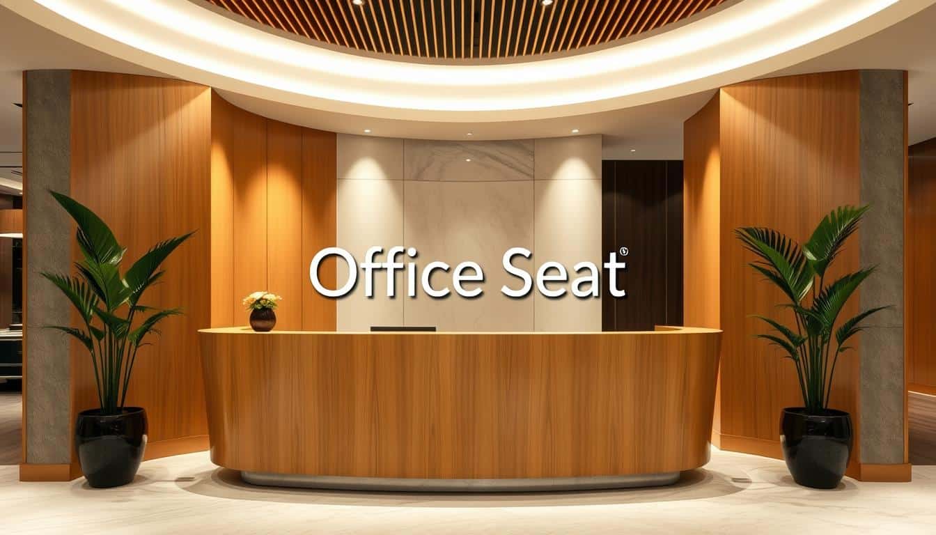 A modern and elegant luxury reception counter in a high-end hotel lobby. The counter is composed of sleek, curved wood panels in a warm, natural tone, with a polished stone or glass surface. Soft, indirect lighting illuminates the space, creating a welcoming and sophisticated atmosphere. The counter is flanked by tall, potted plants, adding a touch of greenery to the scene. The brand "Office Seat" is subtly displayed in a shadow text overlay, blending seamlessly with the overall design. The image conveys a sense of professionalism, attention to detail, and a commitment to providing exceptional customer service.