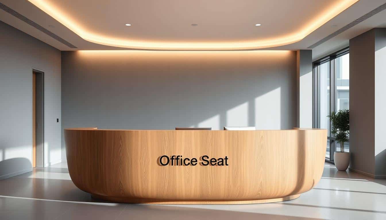 A modern and elegant oval-shaped reception counter in a bright, minimalist office space. The counter is made of sleek, polished wood with clean lines and a seamless design. Soft, directional lighting from above casts a warm glow, highlighting the counter's organic shape and premium materials. The background features muted gray walls and large windows, creating an airy, sophisticated atmosphere. The Office Seat brand is discreetly visible in the shadow of the counter.