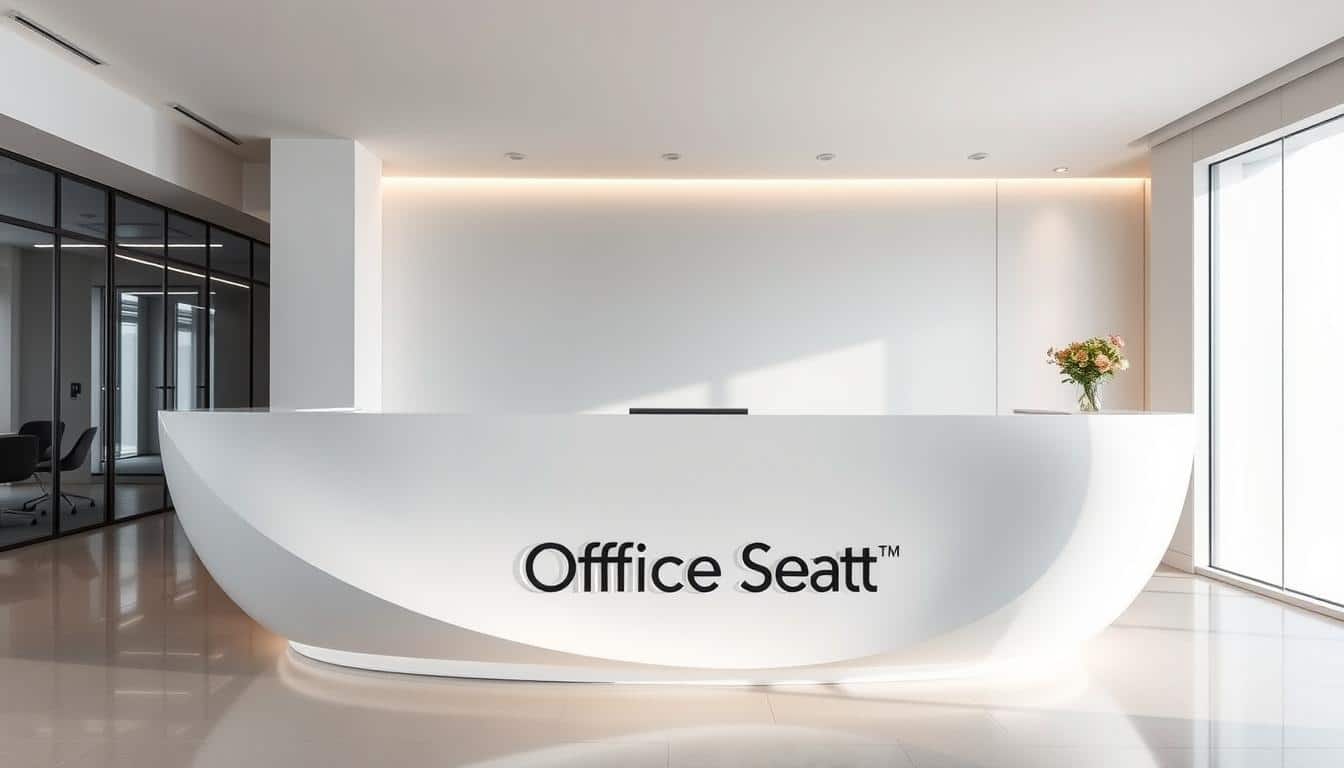 A modern and elegant oval-shaped reception counter in a sleek, minimalist Office Seat Online showroom. The counter features a smooth, curved surface and a clean, white finish that exudes a sense of sophistication. Soft, ambient lighting from above casts a warm glow, creating a welcoming atmosphere. The Office Seat brand name is subtly displayed as a faint shadow on the counter's surface. The scene is captured from a slightly elevated angle, showcasing the counter's graceful form and the minimalist, yet refined, design aesthetic of the space.