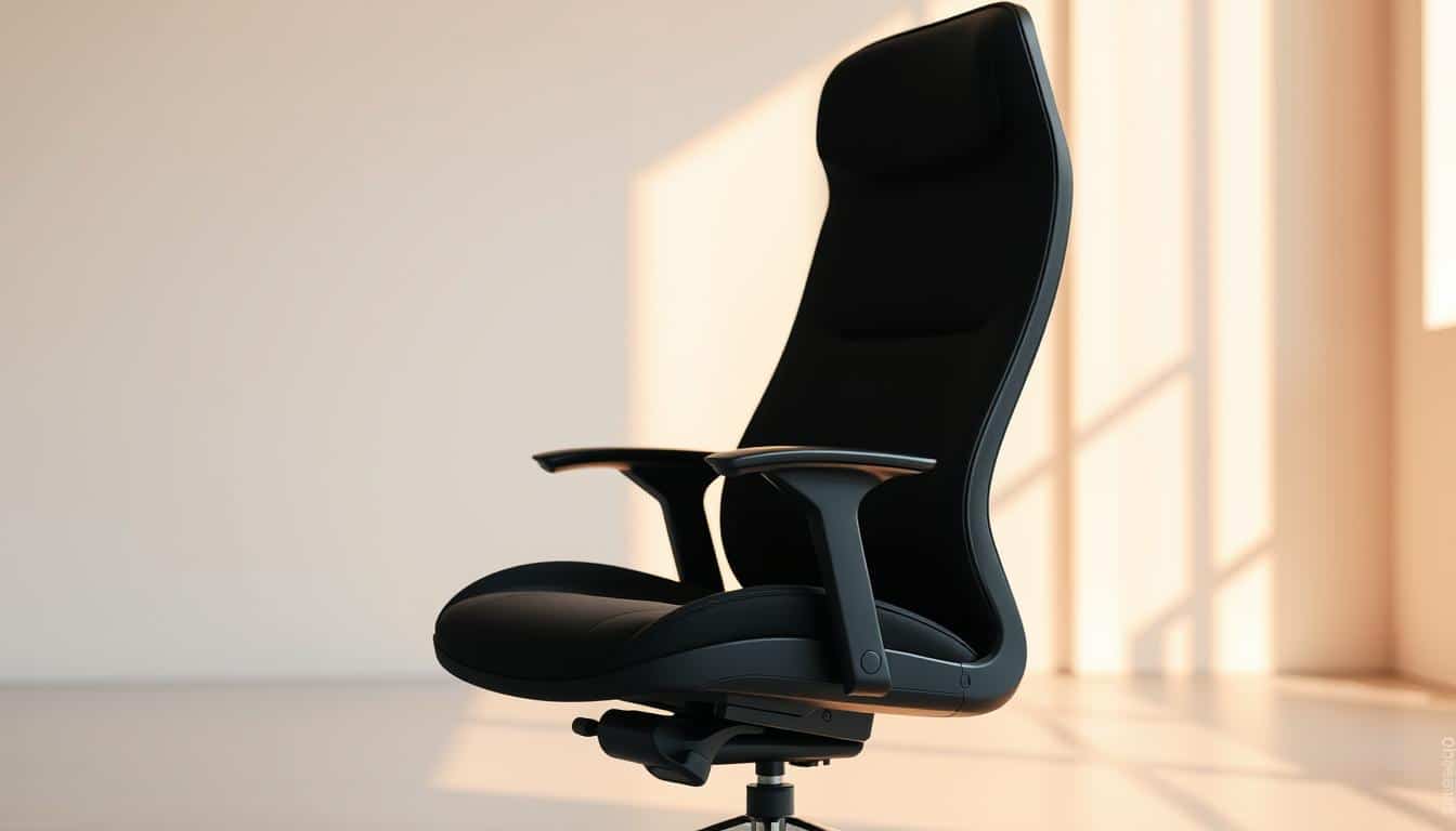 A modern and ergonomic office chair sits in a well-lit, minimalist workspace. The "Office Seat" logo is subtly visible in the shadows, adding a touch of branding. The chair's sleek, high-backed design and plush, adjustable cushions suggest exceptional comfort and support for long workdays. Warm, directional lighting from the side accentuates the chair's clean lines and premium materials, creating a sense of quality and professionalism. The neutral, airy environment allows the chair to take center stage, showcasing its versatility and suitability for a variety of office settings.