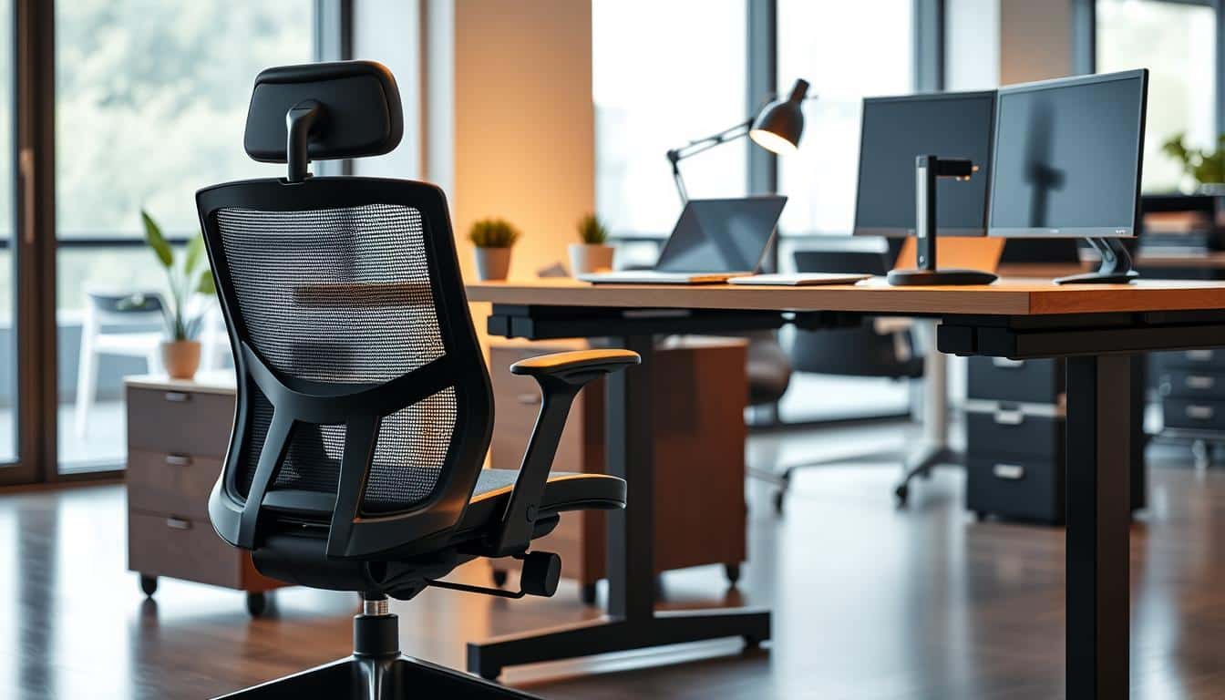 A modern and ergonomic office workstation with a sleek, minimalist design. In the foreground, a high-quality Office Seat brand office chair with adjustable lumbar support and breathable mesh backrest. The chair is positioned at a wooden standing desk, with a laptop, plant, and desk lamp creating a balanced, productive workspace. The middle ground features additional ergonomic accessories like a monitor arm and wireless keyboard. The background showcases a bright, airy office environment with large windows, letting in natural light and offering a calming, professional atmosphere. Warm, diffused lighting illuminates the scene, emphasizing the clean lines and sophisticated aesthetic. The overall mood is one of comfort, productivity, and attention to detail in a contemporary office setting.