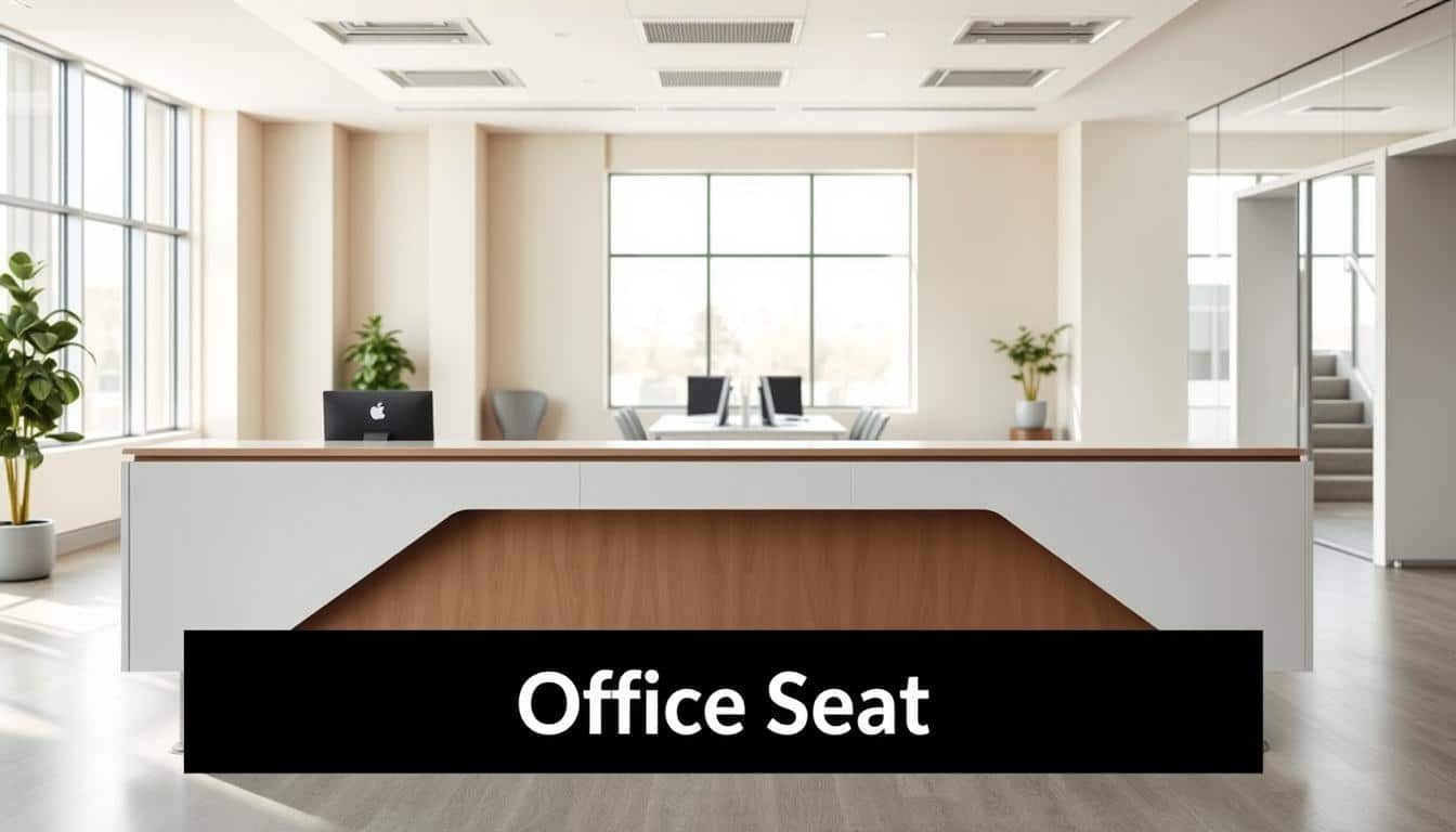 A modern and functional L-shaped reception counter in a bright, well-lit office environment. The counter features a sleek, minimalist design with clean lines and a neutral color palette. In the foreground, an "Office Seat" brand logo is subtly present, creating a cohesive and professional visual identity. The middle ground showcases a hospitable and inviting workspace, with comfortable seating and discreet office equipment. The background depicts a warm, airy atmosphere, with large windows allowing natural light to flood the space. The overall scene conveys a sense of efficiency, attention to detail, and a commitment to providing a welcoming experience for visitors and employees alike.