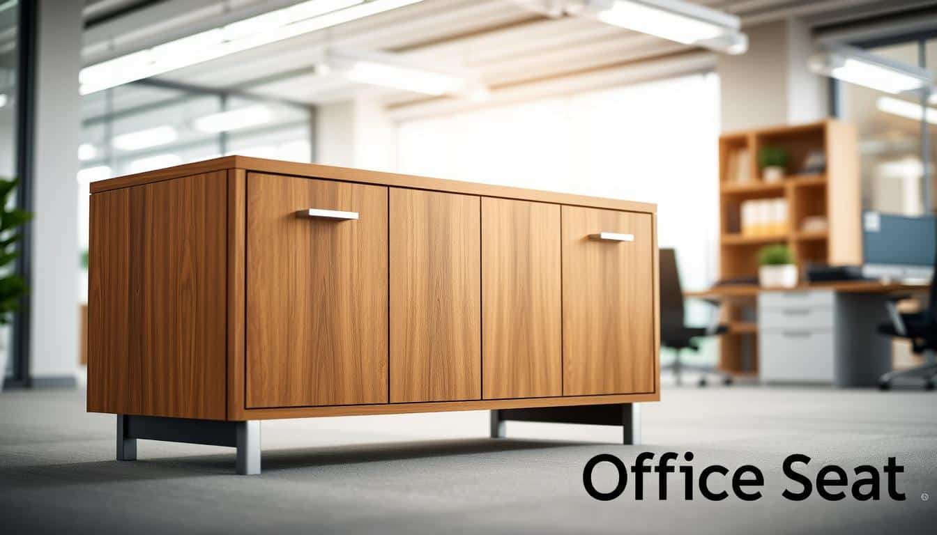 A modern and functional office credenza with clean lines and a sleek design, situated in a bright, airy workspace. The credenza features a warm wood finish, complemented by minimalist chrome hardware. Soft, diffused lighting from overhead casts a gentle glow, highlighting the textured surface and elegant proportions. The credenza takes center stage, positioned in the middle ground, with a blurred background of office furnishings and décor. The overall scene conveys a sense of professionalism and sophistication, making it the perfect choice for an executive office. Subtle branding for "Office Seat" is present in the form of a discreet shadow text.