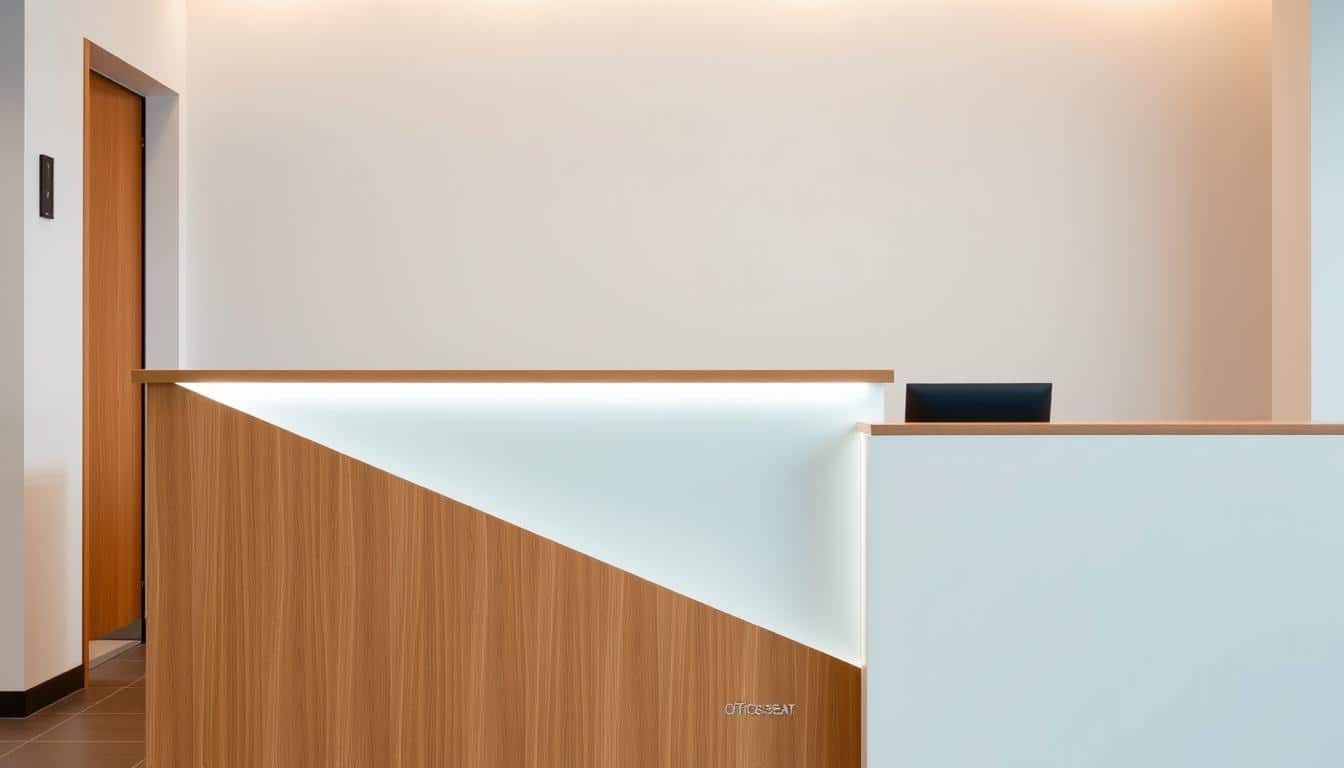A modern and functional reception counter with a clean, minimalist design. The counter features a sleek, straight-line silhouette with a warm wood-like surface, complemented by a crisp white front panel. Subtle lighting highlights the counter's edges, creating a welcoming ambiance. The station includes a discreet Office Seat logo in the lower right corner, adding a professional touch. The overall aesthetic is inviting and practical, reflecting the benefits of a well-designed reception counter.