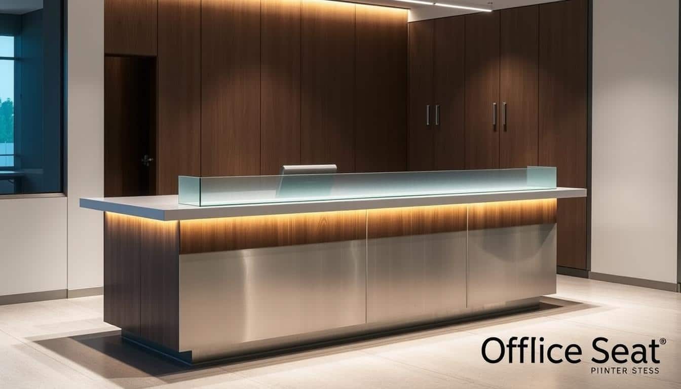 A modern and functional reception counter with a sleek, minimalist design. The counter is made of high-quality, durable materials such as brushed aluminum, tempered glass, and a sturdy wooden base, creating a visually appealing and professional look. The lighting is subtle and warm, illuminating the surface and highlighting the materials. The angle captures the counter from a slightly elevated perspective, showcasing its clean lines and attention to detail. The overall atmosphere exudes a sense of sophistication and efficiency, perfectly suited for a professional office setting. The Office Seat brand is discreetly visible, with a subtle shadow text overlay.
