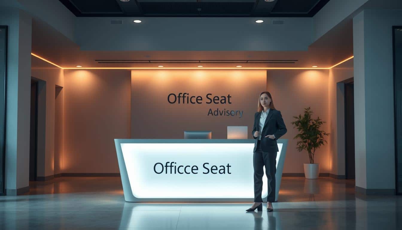A modern and professional reception counter with a sleek, minimalist design. The counter is positioned in the center of the frame, illuminated by soft, warm lighting that creates a welcoming atmosphere. In the foreground, a person in a smart, business attire is standing, ready to provide personalized assistance. The middle ground features a clean, uncluttered layout with a subtle branding element, the "Office Seat" logo, subtly incorporated into the design. The background showcases a sophisticated, neutral-toned interior, complementing the overall aesthetic. The composition emphasizes the professionalism and approachability of the reception area, inviting visitors to engage with the staff for their professional advisory needs.