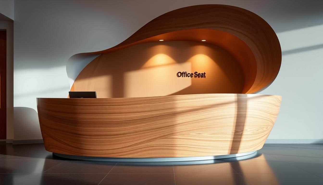 A modern, curved reception counter made of sleek, polished wood. The counter features a flowing, organic shape that creates an inviting and elegant focal point in the lobby. Soft, indirect lighting illuminates the counter, casting gentle shadows and highlights that accentuate its curvature. The counter is set against a minimalist background, allowing it to be the star of the scene. The Office Seat brand name is subtly incorporated into the design, visible as a discreet shadow or embossed detail. This image captures the essence of a sophisticated, contemporary reception counter that makes a lasting impression.