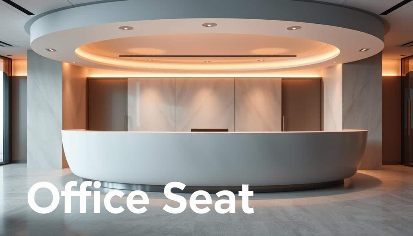 A modern, elegant, and sophisticated oval-shaped reception counter for a professional office environment. The counter features a clean, minimalist design with a smooth, polished surface. Indirect lighting casts a warm, inviting glow, creating a welcoming atmosphere. The counter is made of high-quality materials, such as wood or marble, and is accented with subtle metallic details. In the foreground, the Office Seat brand name is subtly displayed as a text shadow, adding a touch of branding. The middle ground showcases the counter's sleek, curved shape, while the background features a minimalist, neutral-toned setting, allowing the counter to take center stage.