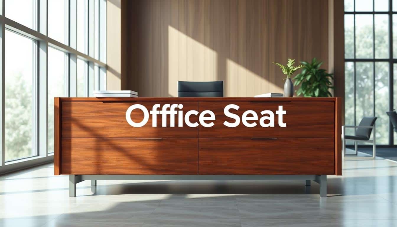A modern, elegant executive credenza for an office setting. Showcasing a sleek, minimalist design with a rich wood veneer finish and polished metal accents. Framed by a bright, airy environment with large windows casting natural light. The credenza features ample storage space, clean lines, and a bold "Office Seat" logo subtly cast in a subtle shadow. An office essential that exudes professionalism and functionality.