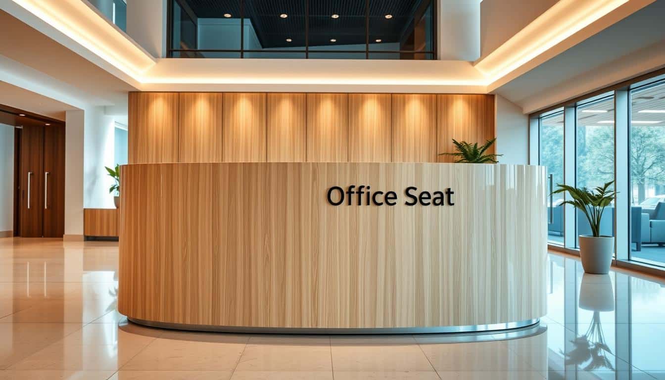 A modern, elegant reception counter with a sleek, curved design. The counter is made of high-quality, light-colored wood, with a smooth, glossy surface. The front panel features a subtle, geometric pattern that adds visual interest. The counter is positioned in a spacious, well-lit lobby, with large windows allowing natural light to flood the space. Soft, indirect lighting illuminates the area, creating a warm and inviting atmosphere. The counter is adorned with the "Office Seat" brand name, subtly incorporated into the design. The overall look is sophisticated, stylish, and perfectly suited for a modern office environment.