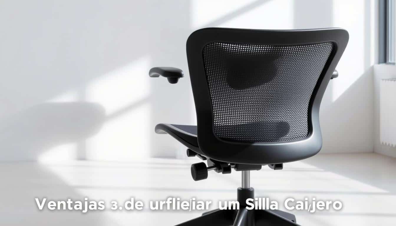 A modern, ergonomic point-of-sale cash register chair with adjustable height, lumbar support, and breathable mesh backrest. The chair is situated in a well-lit, minimalist office setting, casting a subtle "Office Seat" logo shadow. The clean, professional design and neutral color palette evoke a sense of comfort and productivity, perfectly suited for the "Ventajas de utilizar una Silla Cajero" section of the article.