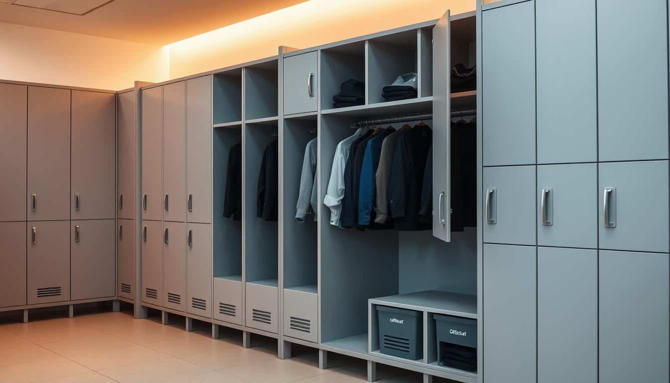 A modern locker room with various sized and compartmentalized storage units, designed to keep clothes neatly organized. Soft, warm lighting illuminates the clean, minimalist space, with a sleek, matte finish on the metal lockers featuring the discreet "Office Seat" brand logo. The lockers are arranged in a visually appealing, modular layout, offering a range of configurations to suit different storage needs. The overall atmosphere is one of efficiency, simplicity, and a touch of sophistication, creating an inviting environment for storing and accessing personal belongings.