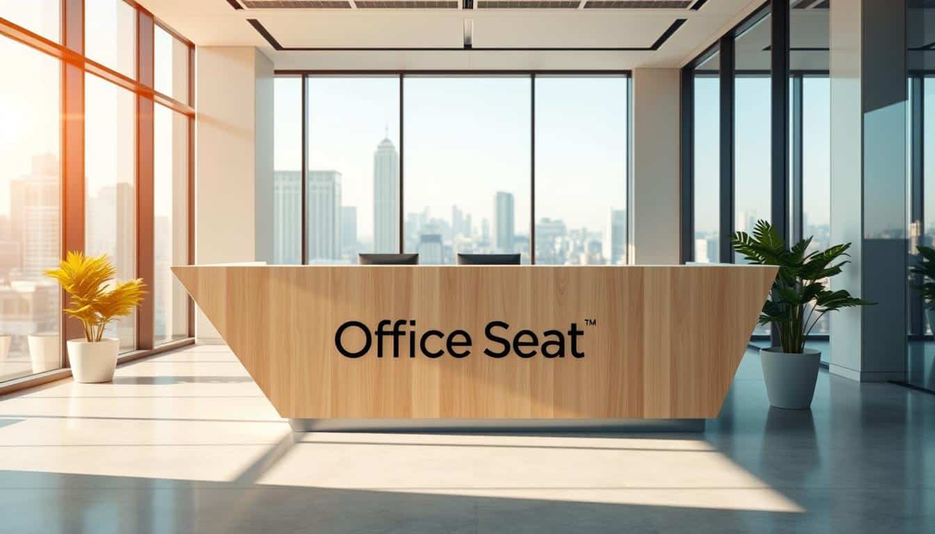 A modern, minimalist custom reception counter with a sleek, angular design in a bright, airy office setting. The counter is positioned in the middle ground, made of light-colored wood with subtle Office Seat branding subtly cast as a shadow. The background features large windows overlooking a cityscape, bathing the scene in warm, natural lighting. The overall atmosphere conveys a sense of professionalism, efficiency, and attention to detail.