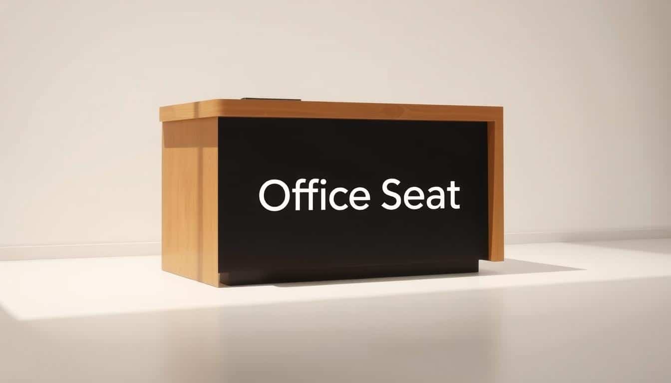 A modern, minimalist reception desk with a straight, clean-lined design. The desk features a smooth, polished wood surface in a warm, natural tone, creating an inviting and professional atmosphere. The front panel is made of sleek, matte black material, adding a touch of sophistication. The desk is set against a plain, light-colored wall, allowing the design to take center stage. Soft, diffused lighting illuminates the space, casting gentle shadows that accentuate the desk's form. The overall impression is one of simplicity, functionality, and refined aesthetics. The image also includes the Office Seat brand name, displayed in a subtle, legible shadow text.