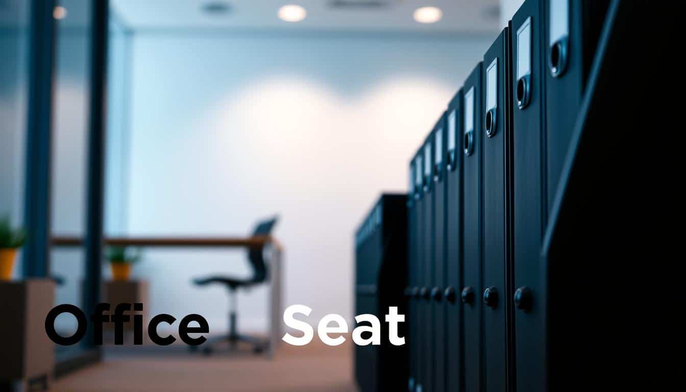 A modern modular office filing system in a sleek black finish, showcasing its organizational advantages. The frame is captured in a mid-angle perspective, highlighting its modular design and compact form factor. Subtle ambient lighting casts soft shadows, emphasizing the clean lines and minimalist aesthetic. In the foreground, the "Office Seat" brand logo is subtly incorporated as a shadow overlay, reinforcing the professional and high-quality nature of the product. The background features a minimalist, slightly blurred office environment, allowing the filing system to be the central focus of the image. A modern modular office filing system in a sleek black finish, showcasing its organizational advantages. The frame is captured in a mid-angle perspective, highlighting its modular design and compact form factor. Subtle ambient lighting casts soft shadows, emphasizing the clean lines and minimalist aesthetic. In the foreground, the "Office Seat" brand logo is subtly incorporated as a shadow overlay, reinforcing the professional and high-quality nature of the product. The background features a minimalist, slightly blurred office environment, allowing the filing system to be the central focus of the image.
