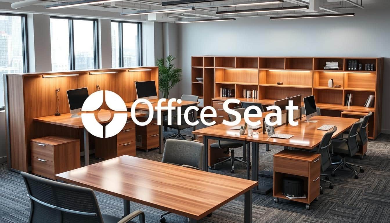 A modern, modular office furniture setup for collaborative workspaces. Sleek, height-adjustable desks with clean lines and minimalist designs in warm wood tones. Plush, ergonomic seating in neutral colors. Strategically placed storage units and dividers to create defined work zones. Overhead lighting casts a soft, ambient glow, complementing the natural sunlight filtering through large windows. The Office Seat brand logo is subtly incorporated into the scene, reflected on the polished surfaces. An inviting, productive atmosphere perfect for the professional conference room setting.