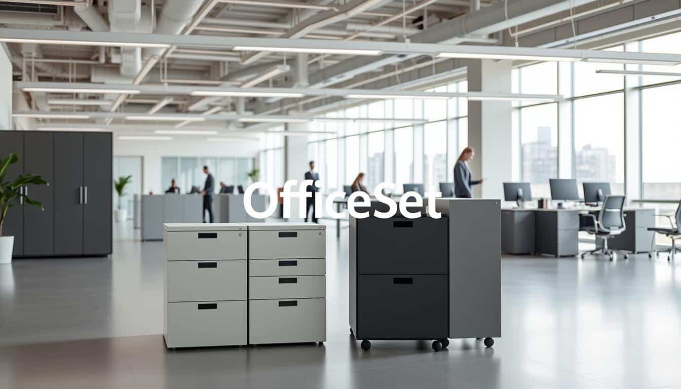 A modern office interior with a focus on modular file storage systems. The scene depicts a well-lit, spacious workspace with sleek, minimalist furniture and clean lines. In the foreground, there are several modular filing cabinets arranged in a visually appealing layout, showcasing their modular design and versatility. The middle ground features office workers engaged in various tasks, highlighting the practical applications of the modular files. The background depicts large windows providing ample natural light, creating a bright and airy atmosphere. The "Office Seat" brand is subtly incorporated as a shadow text, complementing the overall professional and refined aesthetic. The image conveys a sense of organization, efficiency, and the integration of modern storage solutions within a contemporary office environment.