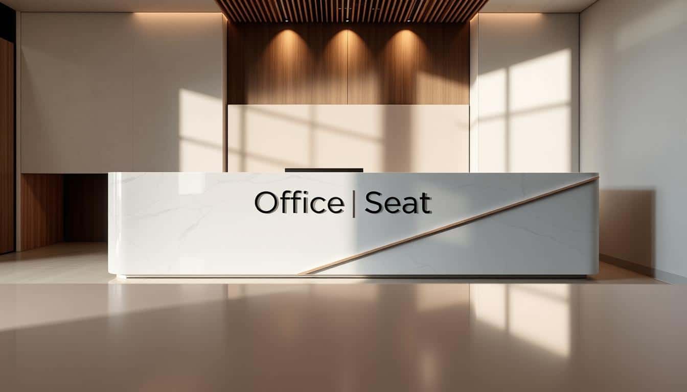 A modern, sleek counter de hospitalidad made with premium materials. The counter features a smooth, glossy surface in a sophisticated neutral tone, likely marble or quartz. The front panel is adorned with clean lines and angular shapes, creating a visually striking design. Subtle lighting from above casts a warm, inviting glow across the counter, highlighting its premium craftsmanship. In the foreground, the Office Seat brand name is visible as a subtle shadow text, seamlessly integrated into the design. The overall atmosphere exudes a sense of professionalism, elegance, and attention to detail.