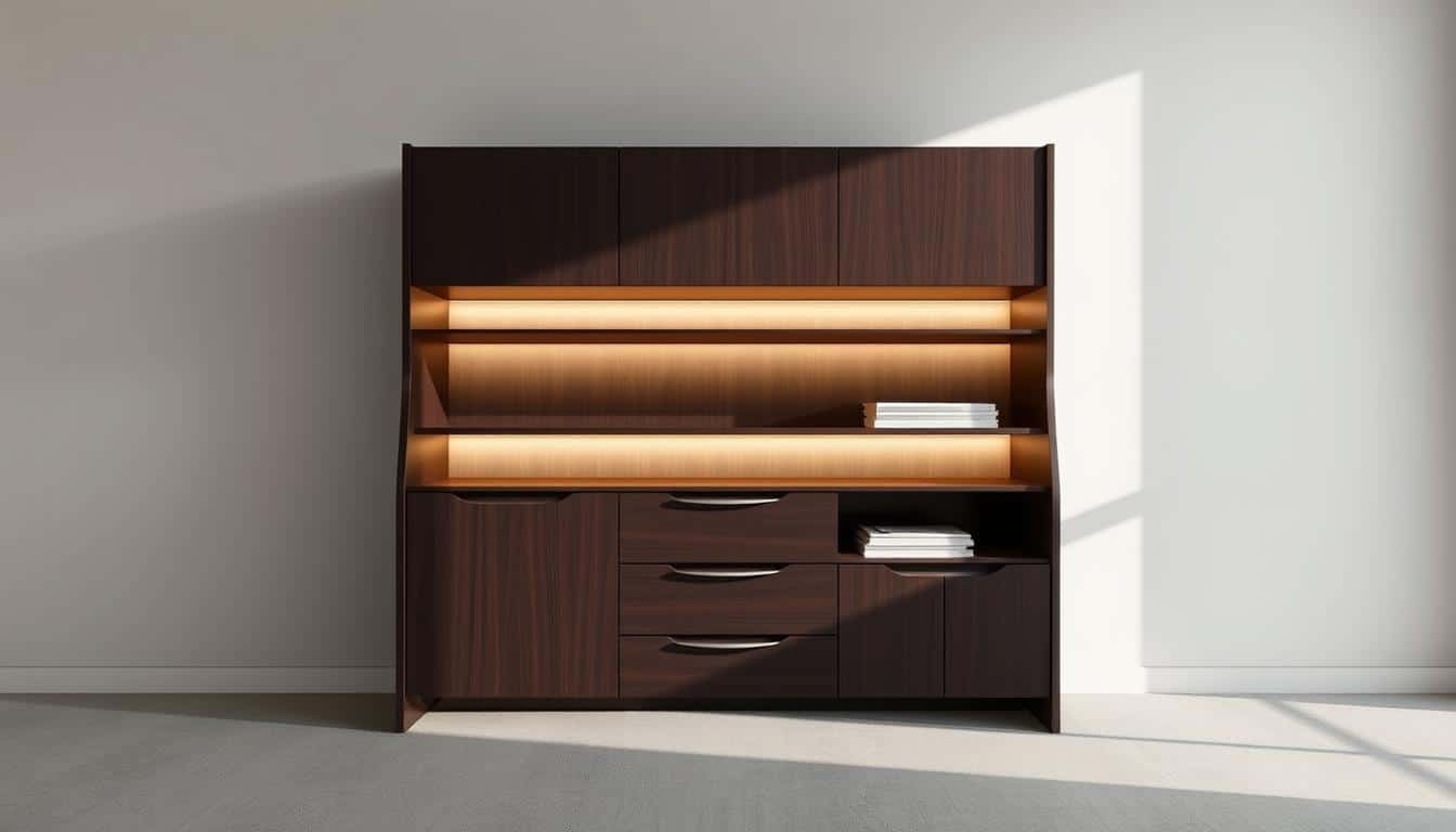 A modern, sleek credenza in a minimalist office setting. A dark wood or lacquered finish with clean lines and gentle curves, accentuated by subtle metallic hardware. The credenza stands against a neutral, softly lit backdrop, casting a warm glow and subtle shadows. Ample storage space with concealed drawers and shelves, perfect for organizing office supplies and documents. The overall design is both functional and visually appealing, reflecting the contemporary style of the workspace. The brand "Office Seat" is subtly visible in the shadows cast by the credenza.