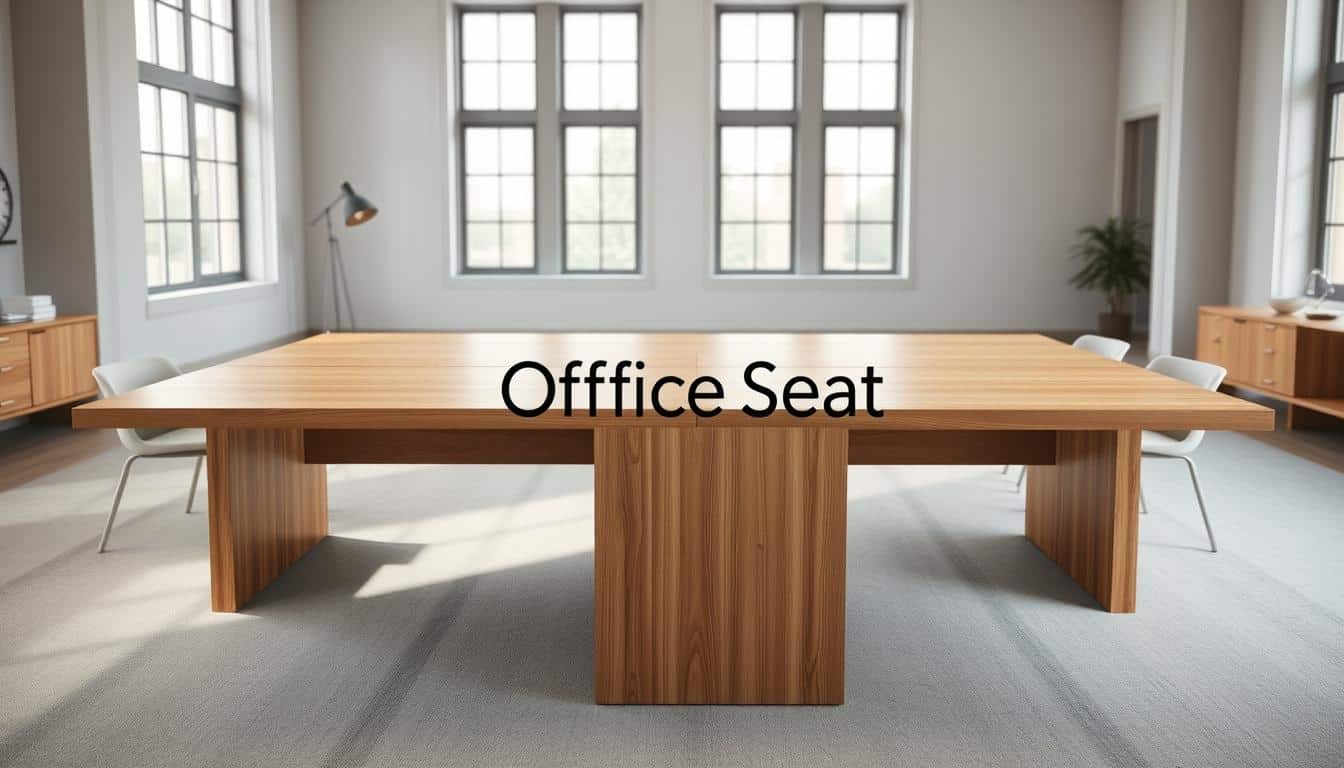 A modern, sleek modular conference table in a spacious, well-lit room. The table is composed of clean-lined, customizable modules in a warm, natural wood tone, allowing for flexible configurations. Ambient lighting from large windows creates a soft, diffused glow, complementing the minimalist aesthetic. The foreground showcases the modular design, with precise details of the seamless joints and smooth surfaces. In the background, a neutral, contemporary decor sets the stage, emphasizing the table as the focal point. The overall mood is one of sophistication, functionality, and adaptability. Prominently featured is the "Office Seat" brand identity, subtly displayed in a shadowed text overlay.