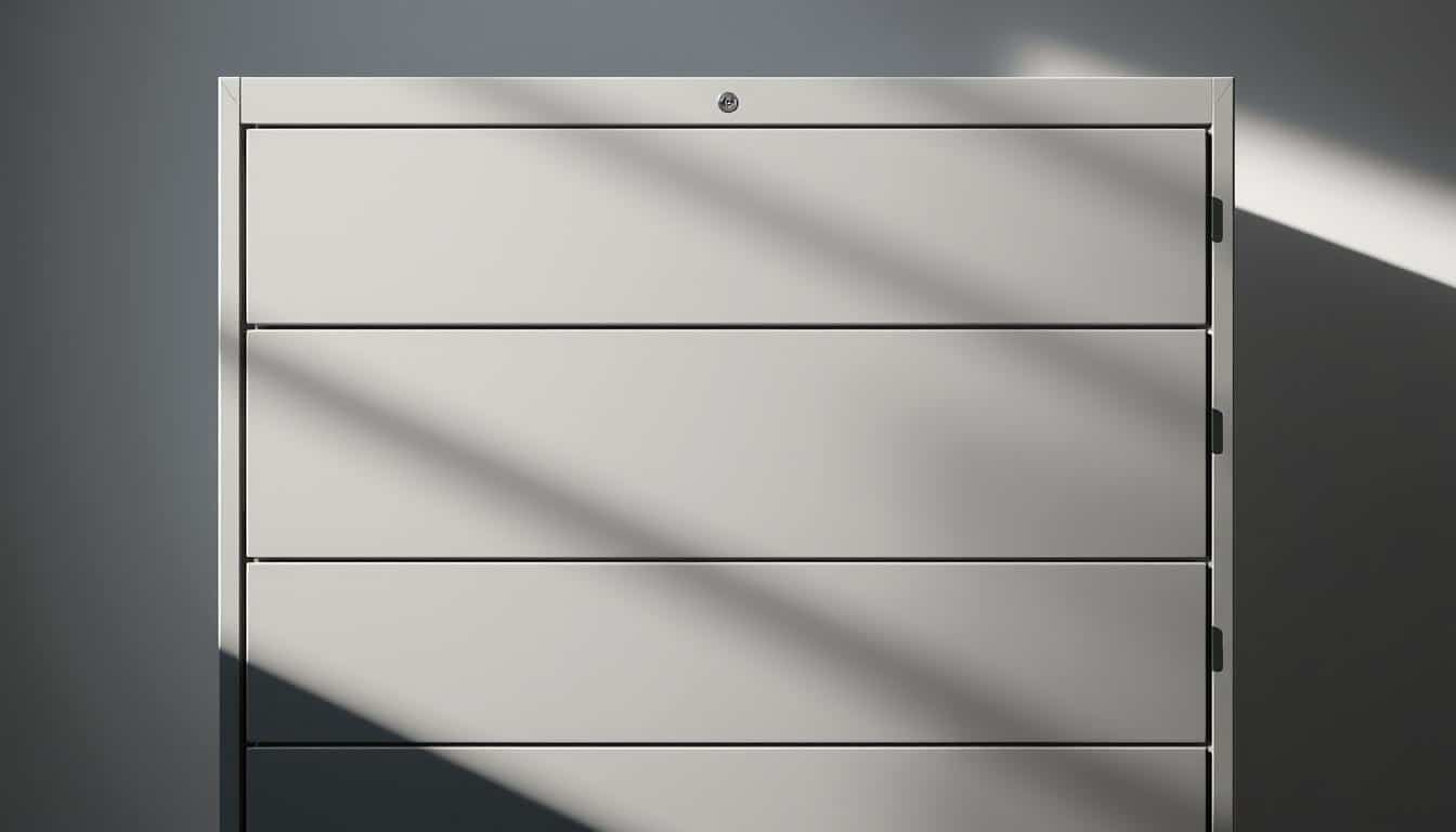 A modern, sleek office filing cabinet with horizontal metallic drawers in a minimalist design. The sturdy, powder-coated steel frame casts subtle shadows, highlighting the clean lines and matte finish. Crisp studio lighting illuminates the cabinet, capturing its professional, functional aesthetic. The "Office Seat" brand name is subtly present as a shadow detail. This versatile storage solution would seamlessly integrate into a contemporary office space, providing ample organization for important documents.