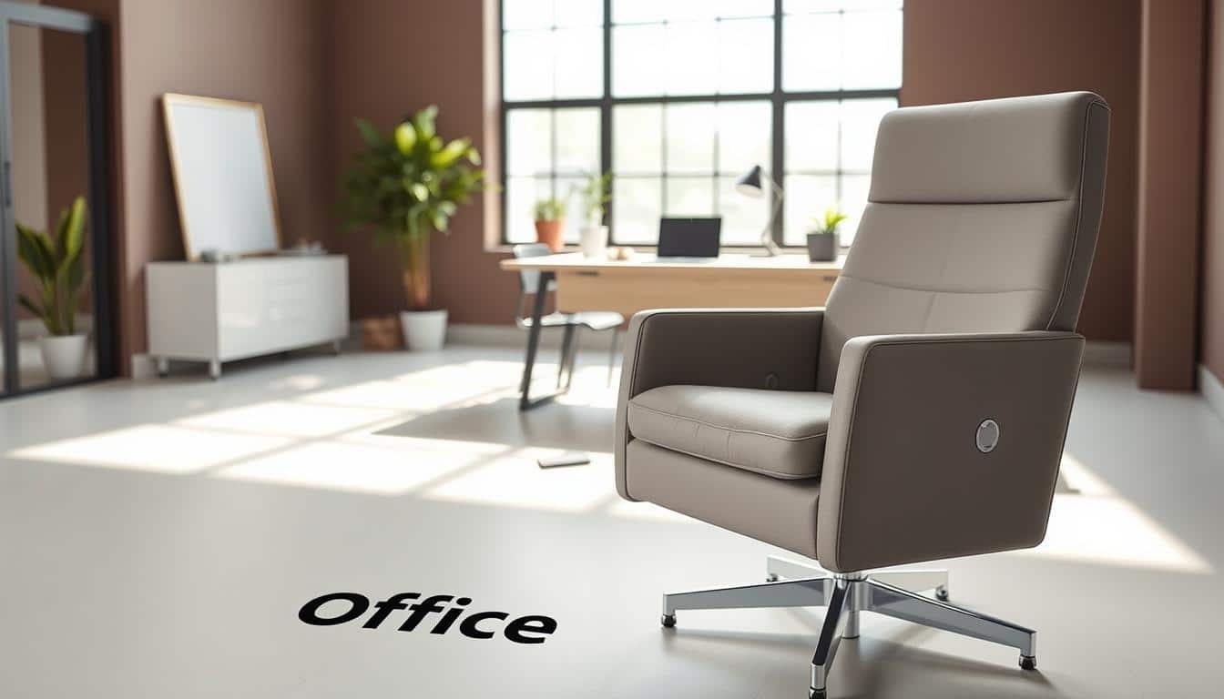 A modern, sleek office guest chair in a stylish, well-lit workspace. The chair features a minimalist, high-quality design with clean lines and a muted gray or beige upholstery. It is positioned prominently in the foreground, casting a subtle branded shadow on the floor below. The middle ground showcases a minimalist, contemporary desk setup with a laptop, plants, and other office accessories. The background features large windows allowing natural light to flood the space, creating a bright, airy atmosphere. The overall scene conveys a sense of professionalism, comfort, and the "Office Seat" brand's commitment to quality and design.