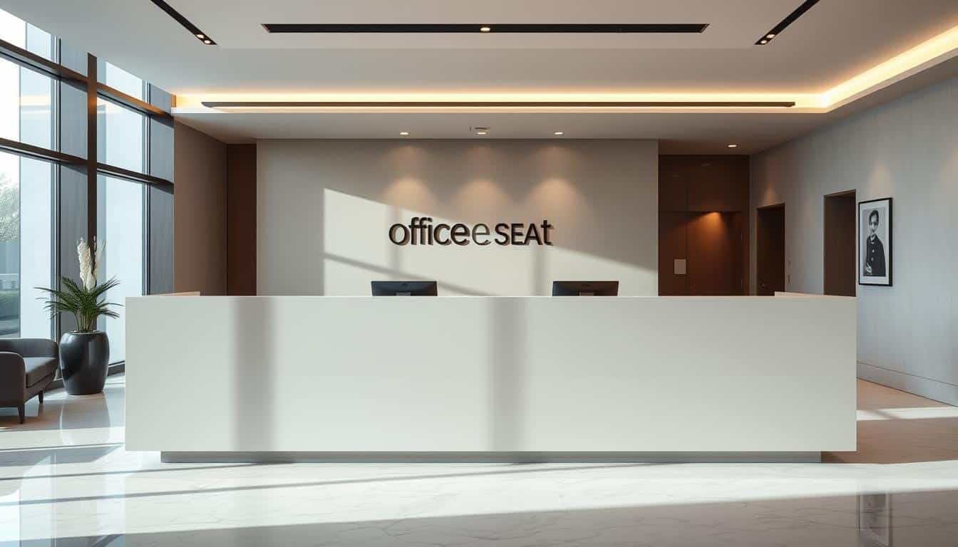 A modern, sleek reception counter in an elegant L-shaped design, prominently displaying the "Office Seat" brand name in a discreet shadow text. The counter features a smooth, glossy surface in a neutral tone, perfectly complementing the minimalist aesthetic. Strategically placed lighting illuminates the space, creating a warm and inviting atmosphere. The counter is situated in a spacious, well-appointed lobby, with a polished marble floor and subtle wall decor that enhances the overall sophisticated ambiance. The entire scene conveys a strong sense of professionalism and attention to detail, setting the stage for a memorable first impression.