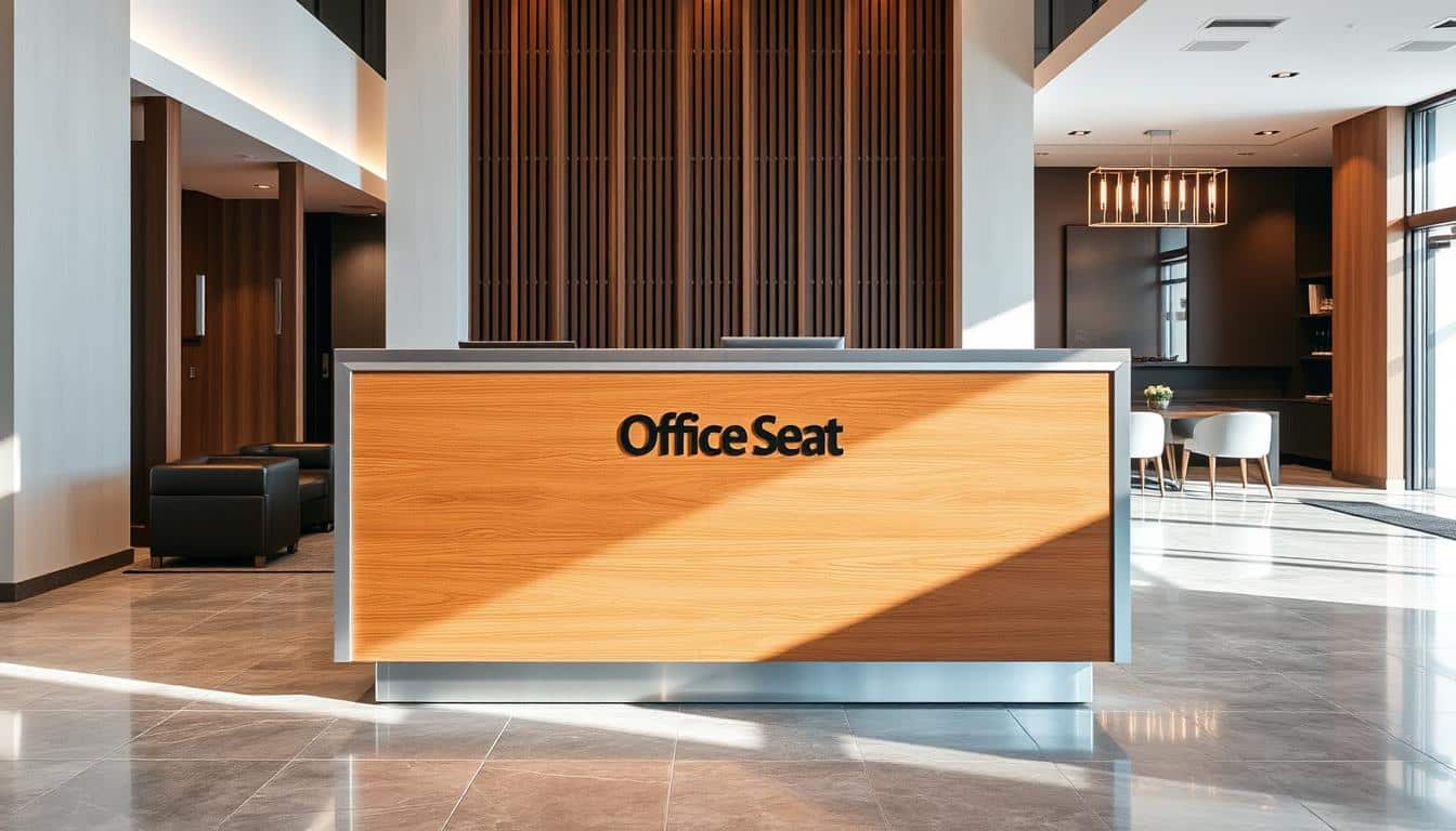 A modern, sleek reception counter made of polished wood and brushed metal, standing tall in a spacious, well-lit lobby. The counter has clean lines and a minimalist design, reflecting the refined aesthetic of the "Office Seat" brand. The middle section features a subtle shadow-based "Office Seat" logo, adding a professional touch. The background showcases the counter's versatility, with the scene transitioning seamlessly from an upscale corporate environment to a warm, hospitality-focused setting, highlighting its suitability for a variety of sectors.