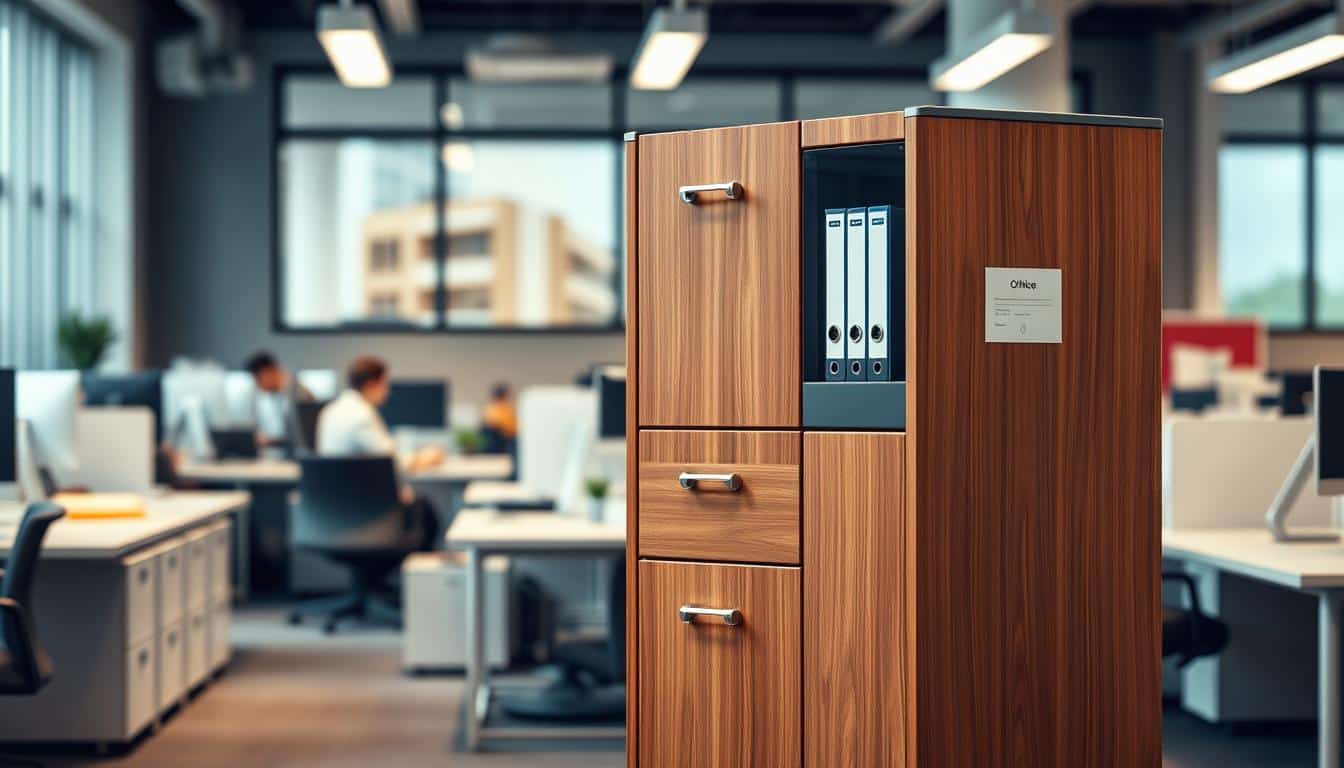 A modern, well-lit modular archive unit in a government office, showcasing the "Office Seat" brand. The sleek, minimalist design features a combination of wood and metal, with clean lines and a neutral color palette. The unit is positioned in the foreground, with a mid-ground of busy office workers and a blurred, out-of-focus background of desks, computers, and filing cabinets. The lighting is soft and diffused, creating a warm, professional atmosphere. The overall composition emphasizes the efficiency and functionality of the "Office Seat" modular archive, highlighting its ability to organize and store important documents in a visually appealing and space-saving manner.