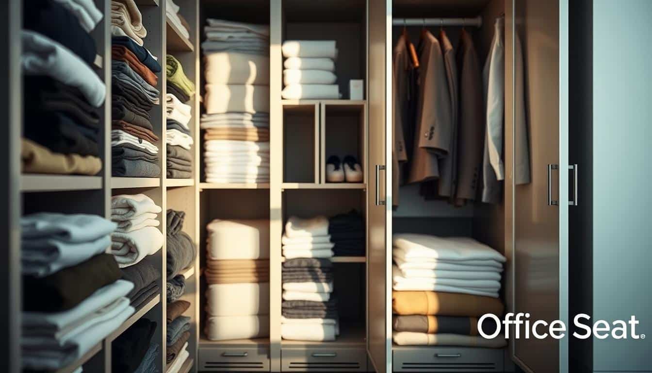A neatly organized locker filled with carefully folded garments, casting soft, natural lighting. The foreground showcases a variety of neatly stacked clothes, each piece perfectly creased and arranged. In the middle ground, the locker's interior is visible, with shelves and dividers creating a visually appealing storage system. The background features a simple, minimalist setting, allowing the organized locker to be the focal point. The entire scene conveys a sense of order, efficiency, and a stylish, contemporary aesthetic. Subtle branding for "Office Seat" is visible in the lower right corner.