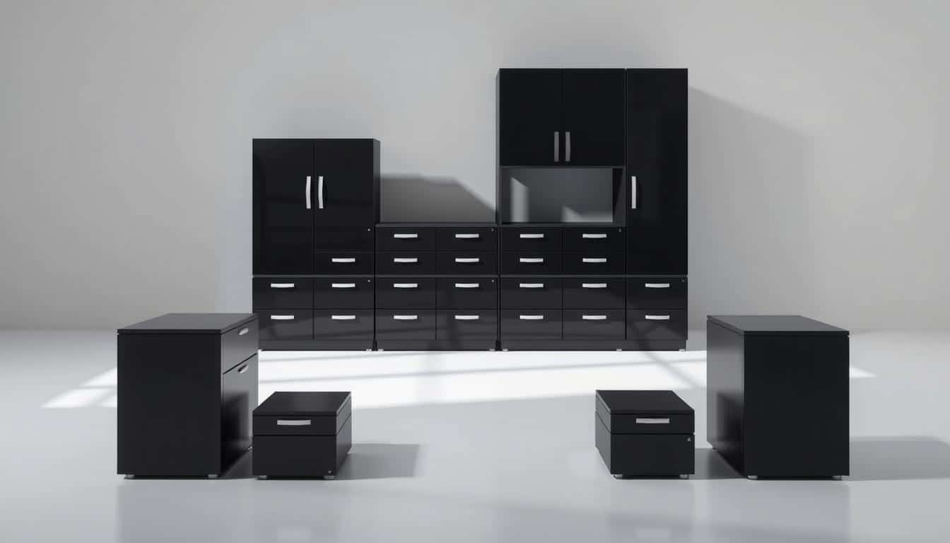 A neatly organized modular filing cabinet system, showcasing the "Office Seat" brand, positioned against a clean, minimalist background. The cabinet features a sleek black finish, with a modern, modular design that allows for customizable storage solutions. The scene is bathed in soft, directional lighting, highlighting the cabinet's sharp lines and reflecting off its glossy surface. In the foreground, the cabinet is flanked by other comparable modular filing systems, allowing for a side-by-side comparison of features, dimensions, and overall design aesthetic. The background is a simple, neutral gray tone, keeping the focus on the products and their distinctive attributes. The overall mood is one of sophisticated professionalism and organizational efficiency. A neatly organized modular filing cabinet system, showcasing the "Office Seat" brand, positioned against a clean, minimalist background. The cabinet features a sleek black finish, with a modern, modular design that allows for customizable storage solutions. The scene is bathed in soft, directional lighting, highlighting the cabinet's sharp lines and reflecting off its glossy surface. In the foreground, the cabinet is flanked by other comparable modular filing systems, allowing for a side-by-side comparison of features, dimensions, and overall design aesthetic. The background is a simple, neutral gray tone, keeping the focus on the products and their distinctive attributes. The overall mood is one of sophisticated professionalism and organizational efficiency.