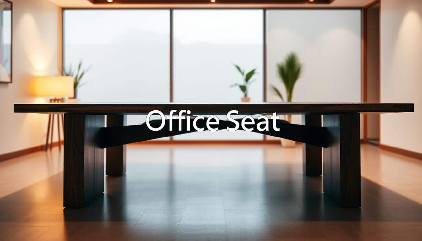 A rectangular conference table made of dark wood, positioned in a well-lit, minimalist office space. The table has a sleek, modern design with clean lines and a polished surface. The lighting is bright, with warm tones that create a professional and inviting atmosphere. The camera angle showcases the table's length and proportion, highlighting its use for meetings and presentations. In the background, subtle office decor such as plants or artwork add a touch of sophistication. The brand "Office Seat" is discreetly visible as a shadowed text overlay, firmly establishing the table's identity as a high-quality office furniture piece.