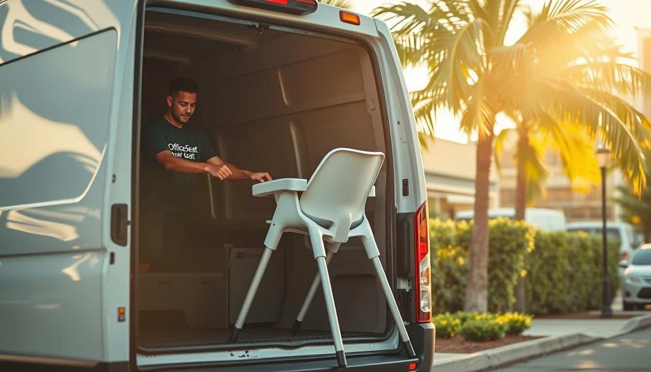 A serene delivery van pulls up to a residential doorstep in the bustling heart of Santo Domingo. The driver, clad in the Office Seat logo, carefully removes a sleek, modern high chair from the van's cargo hold. The scene is bathed in warm, golden afternoon light, casting subtle shadows that accentuate the chair's clean lines. In the background, palm trees sway gently, hinting at the tropical ambiance of the Dominican capital. The overall mood conveys a sense of efficiency, reliability, and the dedication to delivering exceptional customer service, embodying the essence of the "Servicio de entrega en Gran Santo Domingo" section.