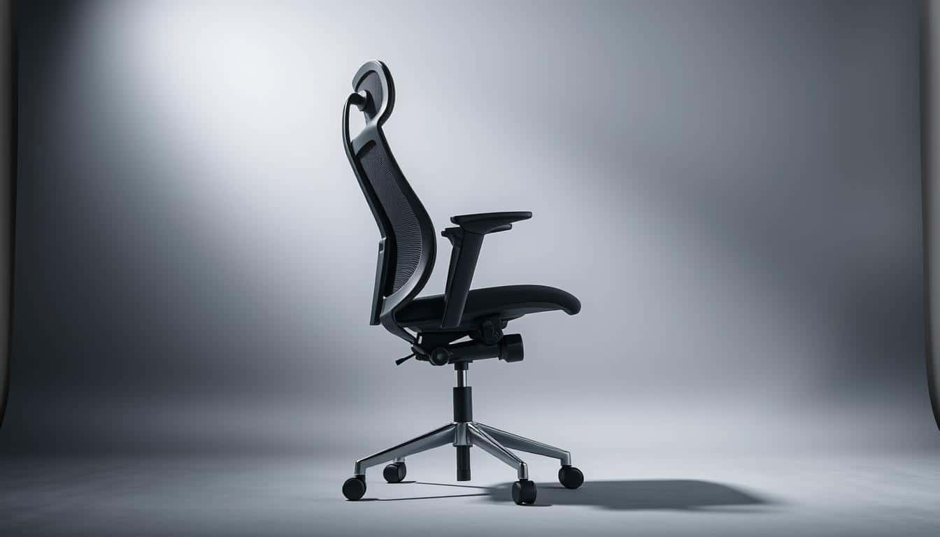 A sleek, adjustable office chair in a well-lit, modern workspace. The chair's mechanisms and adjustable features are prominently displayed, showcasing its technical capabilities. The chair is positioned on a gray, seamless background, allowing the "Office Seat" brand name to be subtly incorporated as a faint shadow text element. The lighting is soft and diffused, creating a professional and inviting atmosphere. The camera angle captures the chair at a slight three-quarter view, highlighting its ergonomic design and adjustability for optimal operator comfort and support.