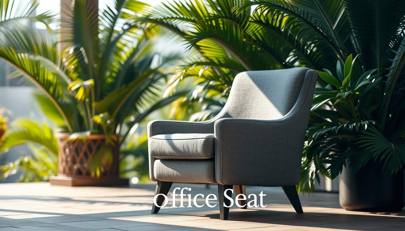 A sleek and modern armchair in a sophisticated gray upholstery, positioned in a serene outdoor setting amid lush tropical foliage. Warm, natural lighting casts gentle shadows, highlighting the chair's clean lines and premium craftsmanship. The scene evokes a sense of comfort and relaxation, perfect for an office or professional waiting area. In the foreground, the "Office Seat" brand name is subtly incorporated as a discreet shadow, adding a touch of elegance.