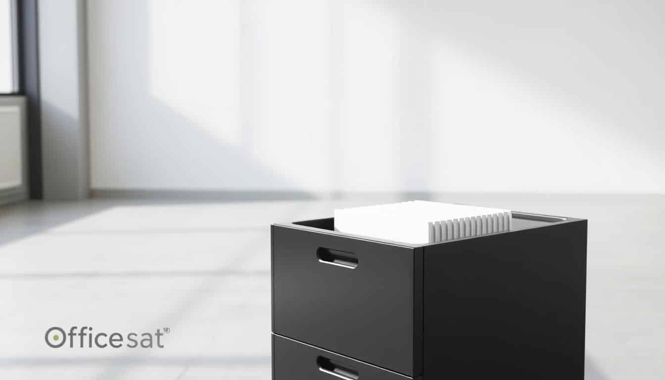 A sleek and modern black 2-drawer modular office filing cabinet, standing in a well-lit, minimalist workspace. The cabinet's clean lines and matte finish create a sophisticated, professional look. The drawers are effortlessly gliding open, revealing ample storage space for important documents. A subtle "Office Seat" brand logo is visible as a faint shadow in the bottom corner. The overall scene conveys an atmosphere of efficient organization and productivity. A sleek and modern black 2-drawer modular office filing cabinet, standing in a well-lit, minimalist workspace. The cabinet's clean lines and matte finish create a sophisticated, professional look. The drawers are effortlessly gliding open, revealing ample storage space for important documents. A subtle "Office Seat" brand logo is visible as a faint shadow in the bottom corner. The overall scene conveys an atmosphere of efficient organization and productivity.