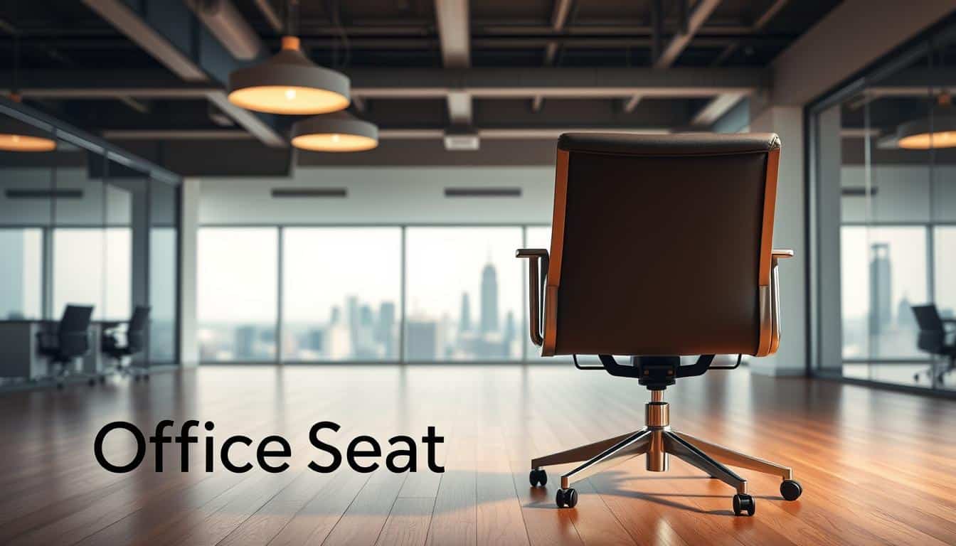 A sleek and modern office visitor chair sits in the foreground, its clean lines and minimalist design complementing the contemporary space. The chair's plush, upholstered seat and backrest invite comfort, while its sturdy, metal frame conveys a sense of durability. Soft, diffused lighting from overhead fixtures casts a warm glow, creating a welcoming atmosphere. In the middle ground, a spacious, open-concept office layout can be seen, with clean, white walls and polished, hardwood floors. The background features floor-to-ceiling windows, offering a panoramic view of a bustling cityscape. The "Office Seat" brand name is subtly incorporated into the scene, with a faint, textured shadow visible on the floor. This image perfectly captures the advantages of a modern visitor chair, showcasing its style, comfort, and integration into a professional office environment.