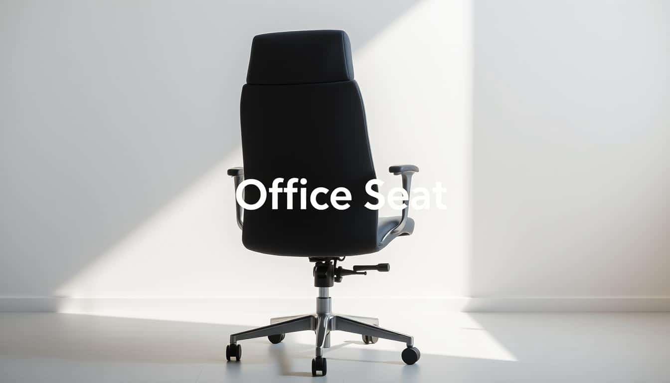 A sleek and modern technical call center chair in a minimalist showroom setting. The chair features a high-back design with adjustable lumbar support and armrests, upholstered in a smooth, dark gray fabric. Soft lighting illuminates the scene, casting subtle shadows that highlight the chair's clean lines and curves. The background is a simple, off-white wall, allowing the chair to take center stage. The Office Seat brand name is discreetly displayed in a shadow text overlay, blending seamlessly with the overall aesthetic.