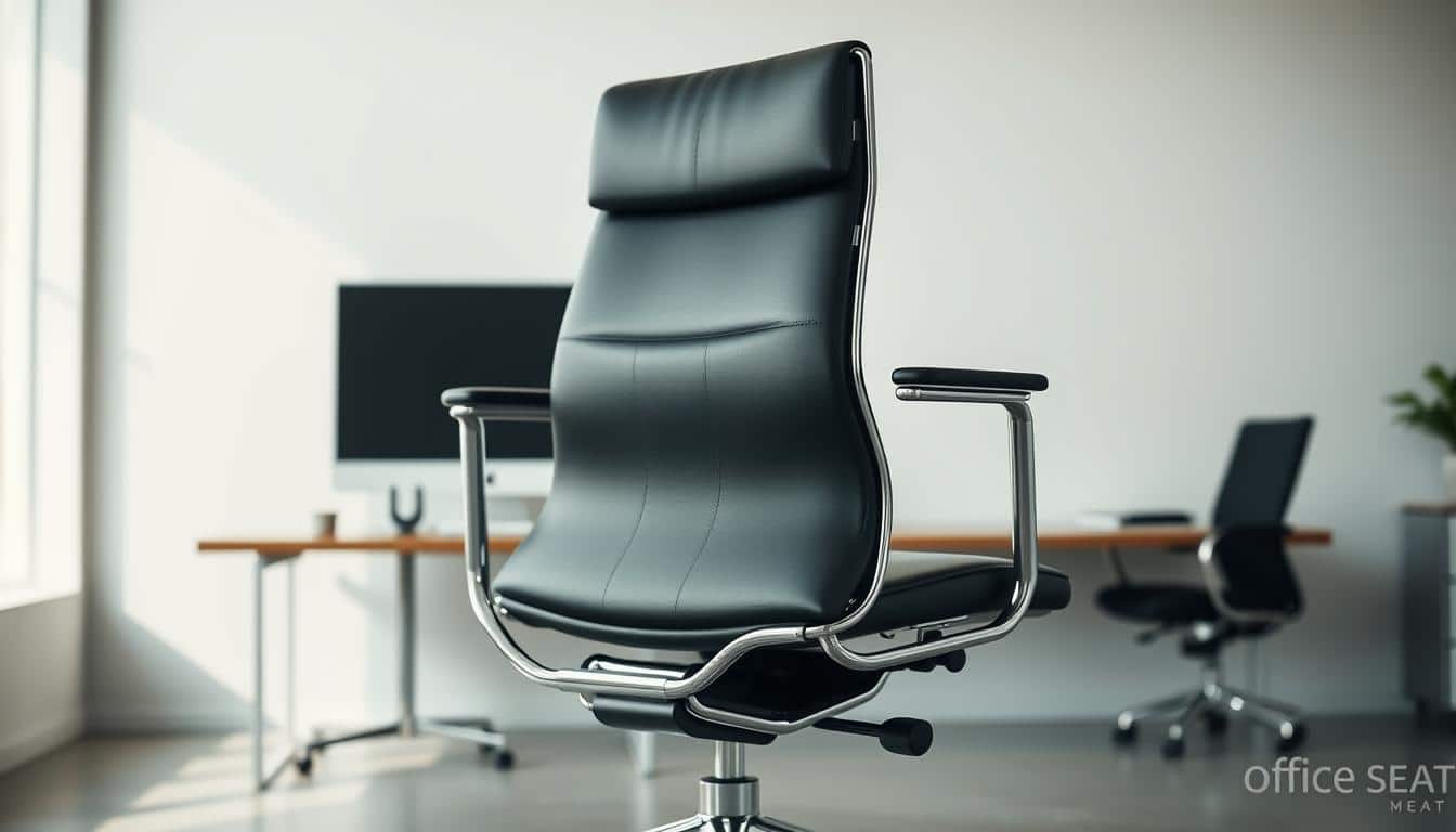 A sleek and sophisticated executive office chair, the "Office Seat" takes center stage in a well-lit, minimalist workspace. Smooth, supple leather upholstery and a sturdy, polished chrome frame exude an air of professionalism and authority. The chair's ergonomic design, with adjustable lumbar support and a high, cushioned backrest, promises unparalleled comfort for long hours spent at the desk. Subtle branding, visible as a faint shadow in the background, lends a touch of exclusivity to this premium seating solution. The scene is captured from a slightly elevated angle, emphasizing the chair's commanding presence and the user's sense of confidence and status within the modern, technology-driven office environment.