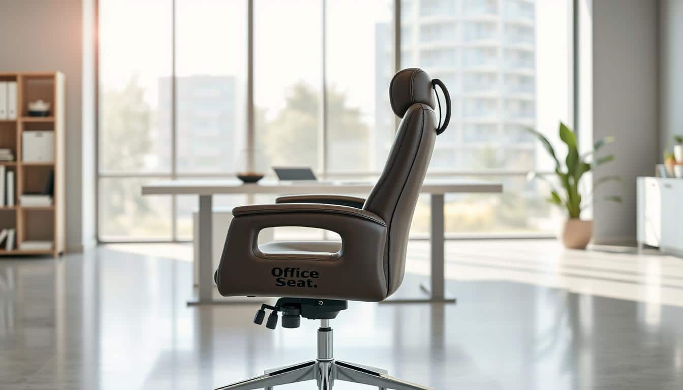 A sleek, ergonomic executive office chair with lumbar support, plush upholstery, and swiveling casters. Crafted from premium, durable materials in a sophisticated dark brown tone. Situated in a well-lit, modern office setting with minimalist decor and large windows flooding the space with natural light. The chair's minimalist design and "Office Seat" branding convey a sense of professionalism and refined style.