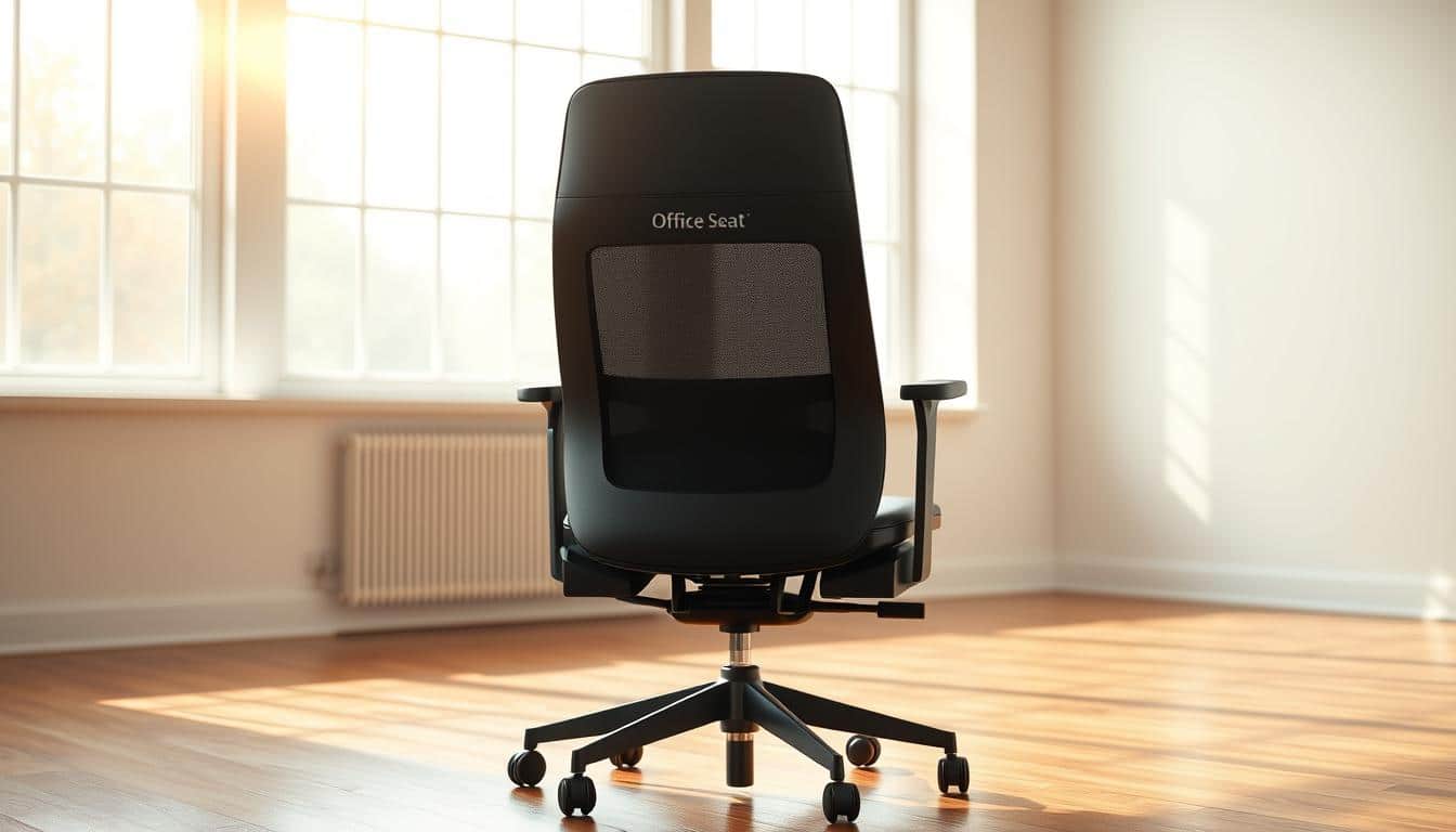 A sleek, ergonomic office chair sits in a bright, airy room. Soft, natural light filters in through large windows, casting a warm glow over the scene. The chair's contoured back and padded seat offer superior comfort and support, perfect for long workdays. The matte black frame and subtle "Office Seat" logo on the headrest convey a sophisticated, professional aesthetic. Subtle reflections on the polished wood floor add depth and dimension to the image. The overall mood is one of modern, minimalist elegance, perfectly showcasing the chair's design and quality.