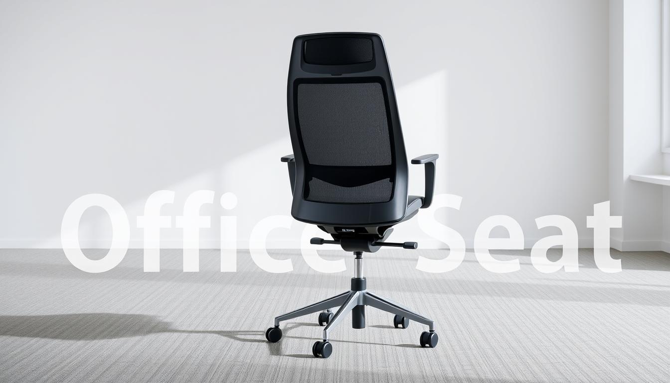 A sleek, ergonomic office chair with a modern, minimalist design. The chair features a high-backed, contoured seat and backrest for optimal lumbar support and comfort. The backrest is made of breathable mesh material, while the seat is upholstered in a durable, easy-to-clean fabric. The chair is mounted on a sturdy, five-star base with smooth-rolling casters for easy mobility. Subtle brand name "Office Seat" visible in the image through a faint, discreet shadow-like text overlay. The chair is positioned in a well-lit, professional office setting, with a neutral, clean background that allows the chair to be the focal point.